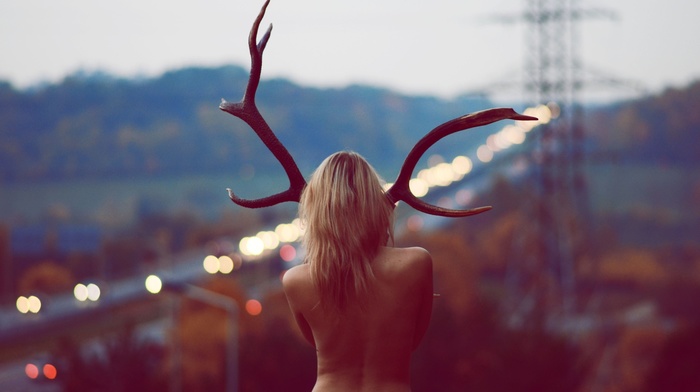 girl outdoors, girl, rear view, no bra, back, antlers, blonde
