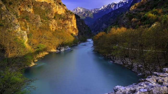 blue, mountains, water, trees, shrubs, river, nature, landscape, sunlight, Greece