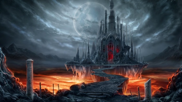 fantasy art, Doomsday Castle, lava