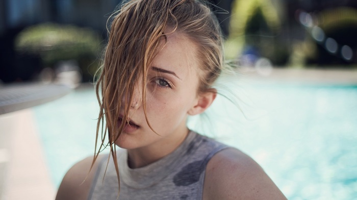 looking at viewer, wet hair, hair in face, nose rings, girl, Ruby James
