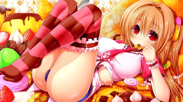 anime girls, ass, red eyes, blonde, anime, thigh, highs, Cassini M Bisuko, original characters, long hair, sweets
