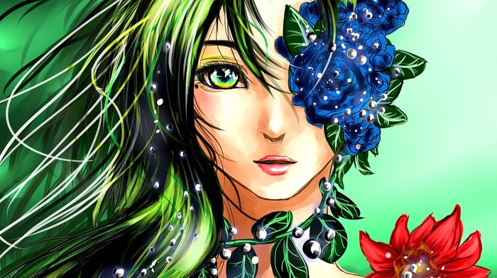 flowers, anime girls, green hair, green eyes, original characters, anime