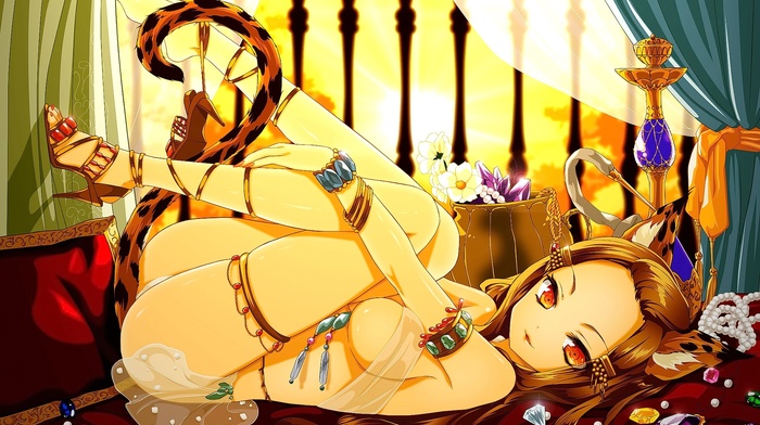anime girls, anime, in bed, brunette, tail, flowers, animal ears, long hair, original characters, ass, jewels, yellow eyes