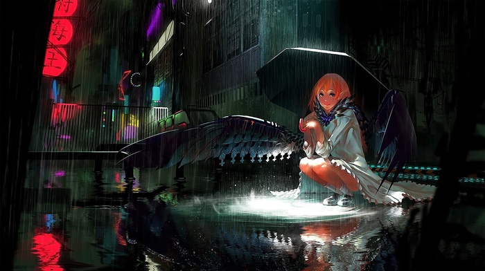redhead, sitting, anime, city, wings, original characters, pointed ears, umbrella, smiling, anime girls, rain
