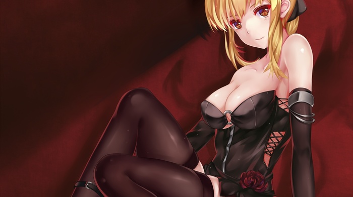heels, original characters, Saber Alter, dress, stockings, cleavage, anime girls, thigh, highs, blonde, anime, no bra