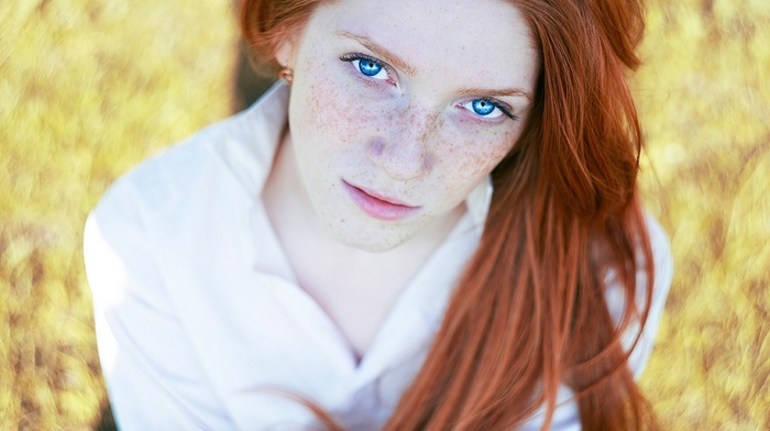 freckles, redhead, looking at viewer, girl, blue eyes