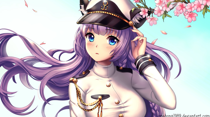 purple hair, original characters, long hair, cherry blossom, school uniform