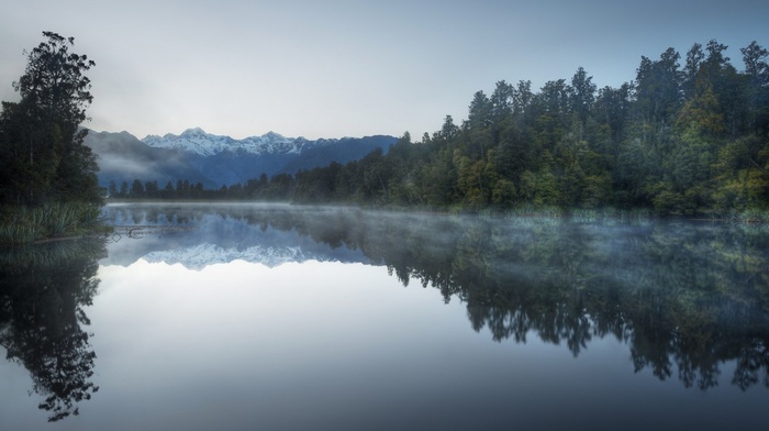 nature, New Zealand, snowy peak, trees, reflection, lake, mountains, calm, mist, forest, landscape