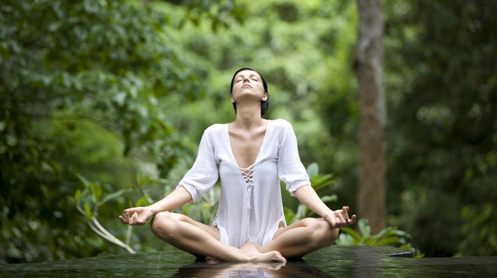 legs crossed, water, girl, forest, white shirt, barefoot, closed eyes, meditation