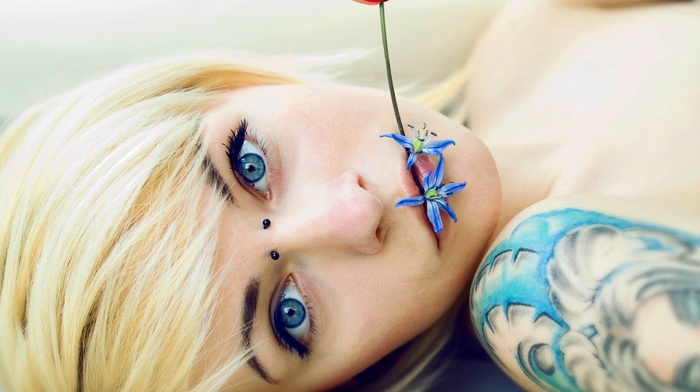 girl, flower in mouth, blue eyes, blonde, tattoo, piercing, flowers