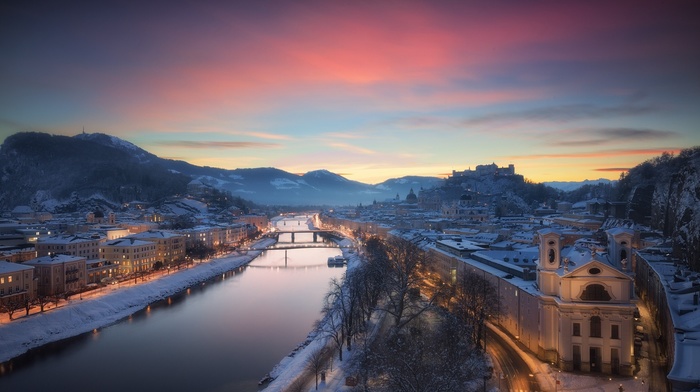 city, cityscape, snow, sky, river, mountains, Austria, winter, Salzburg