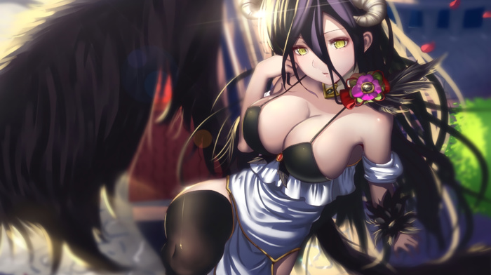 wings, cleavage, horns, Albedo OverLord, anime, anime girls, Overlord anime