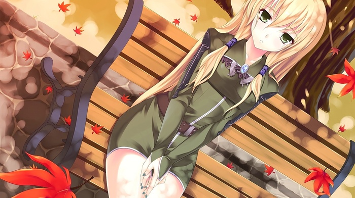 blonde, original characters, bench, leaves, green eyes, long hair, anime girls, anime, open mouth