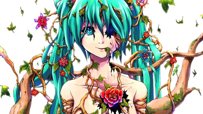 flowers, Hatsune Miku, Vocaloid, branch, anime, anime girls