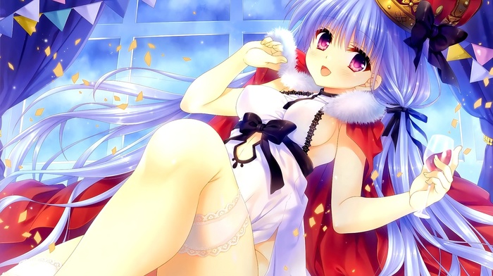 looking at viewer, big boobs, anime, original characters, Tatekawa Mako, purple hair, stockings, dress, crown, anime girls, garter belt, cape