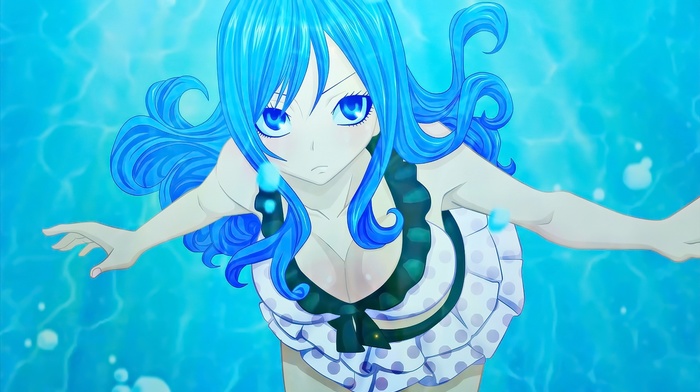 sadness, bikini, Fairy Tail, long hair, blue hair, anime girls, blue eyes, underwater, Lockser Juvia, anime