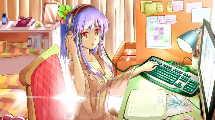 anime girls, bedroom, headphones, open mouth, anime, original characters, computer, short hair