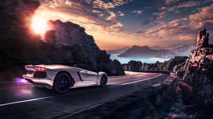 Lamborghini, artwork, car, road, motion blur, vehicle