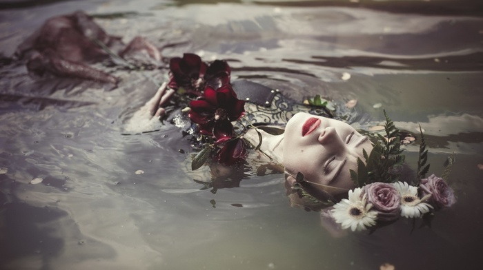 girl outdoors, closed eyes, face, model, girl, water, fantasy girl, flowers, wet body