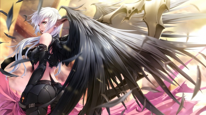 ass, wings, anime girls, anime, scythe, original characters, tail, long hair, feathers, weapon