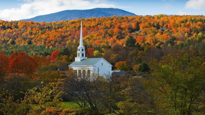 forest, hills, church, fall, nature, architecture, landscape, trees