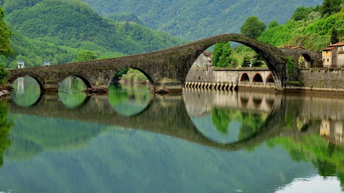 Italy, trees, arch, nature, lake, bridge, old building, architecture, landscape, hills, forest, water, reflection, old bridge