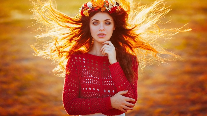 girl outdoors, Ann Nevreva, flower in hair, windy, girl, looking at viewer
