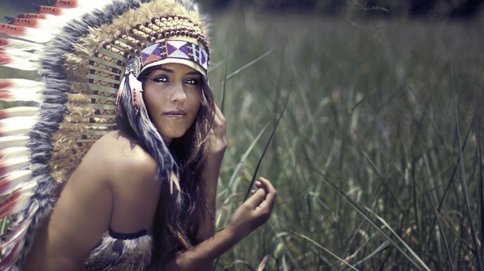 looking at viewer, no bra, girl outdoors, girl, headdress, strategic covering, field