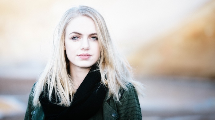 scarf, girl, blonde, blue eyes, girl outdoors, looking at viewer