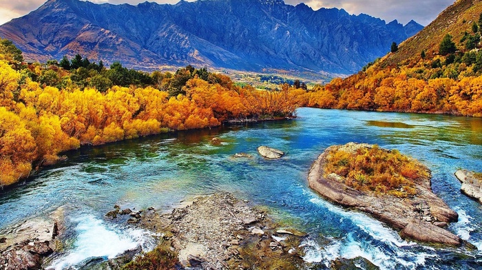 fall, mountains, nature, trees, yellow, forest, New Zealand, landscape, river