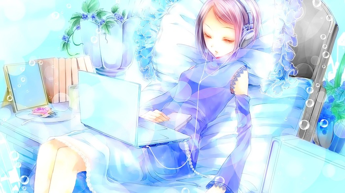 anime girls, headphones, original characters, laptop, closed eyes, anime