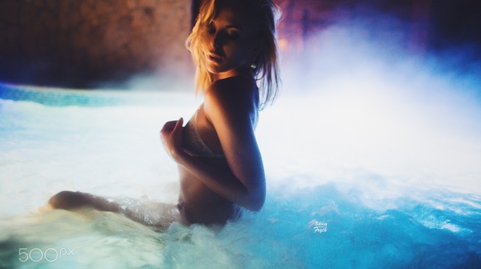 bra, girl, blonde, wet body, swimming pool