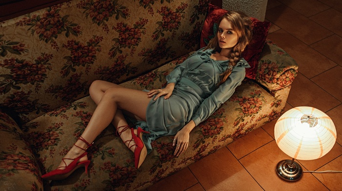 lying on back, red heels, high heels, dress, Anastasia Scheglova, braids, couch, Georgy Chernyadyev, blonde, girl, lamp