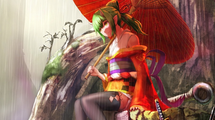 sword, weapon, Japanese clothes, umbrella, anime, anime girls, horns, thigh, highs, rain, original characters
