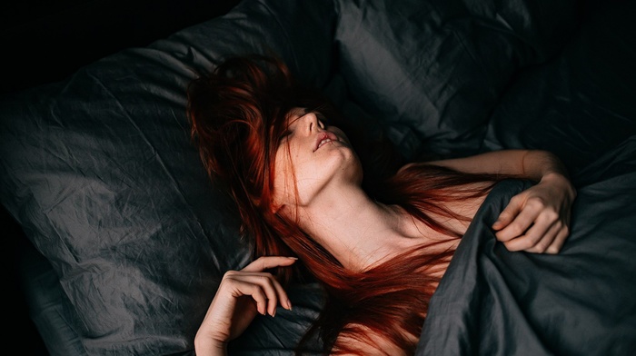 model, redhead, girl, in bed