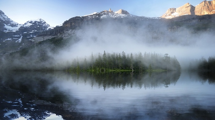 landscape, nature, reflection, pine trees, mist, mountains, lake, snowy peak, sunset
