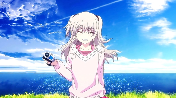 Charlotte anime, silver hair, anime, blonde, water, smiling, Tomori Nao, sky, anime girls, sea, closed eyes, clouds