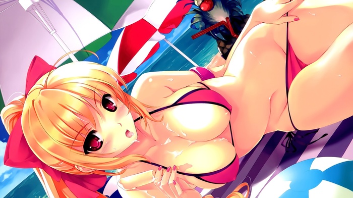 parasol, bikini, ice cream, open mouth, original characters, anime girls, blonde, anime, beach, long hair, red eyes