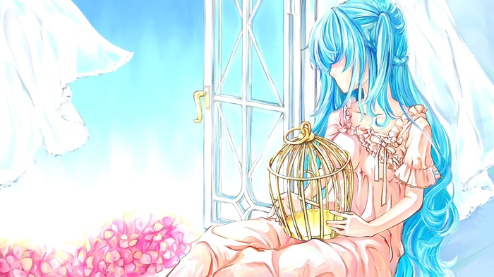 window, Hatsune Miku, birdcage, blue hair, anime girls, Vocaloid, anime