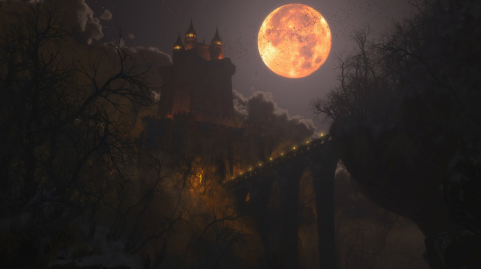 bridge, moon, bats, castle