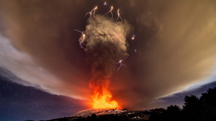 volcanic eruption, lava, lightning