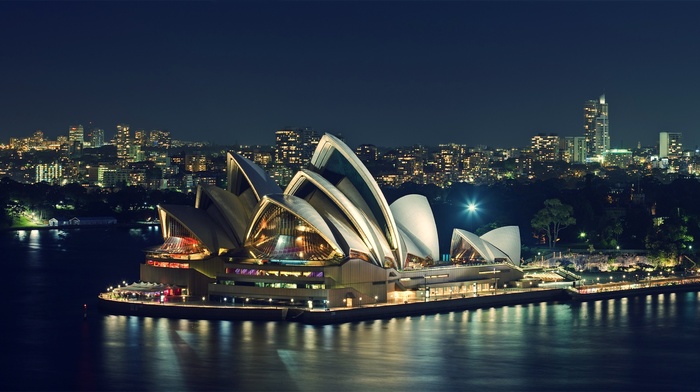 city, night, Sydney, Sydney Opera House, sea