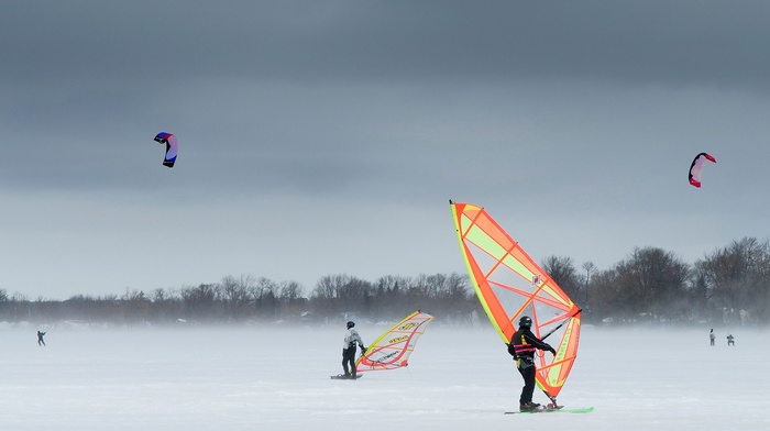 trees, parachutes, nature, snow, kite surfing, windy, landscape, winter, sky, men, sports