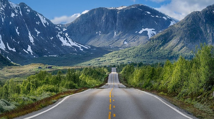 summer, nature, trees, road, mountains, shrubs, snow, Norway, landscape