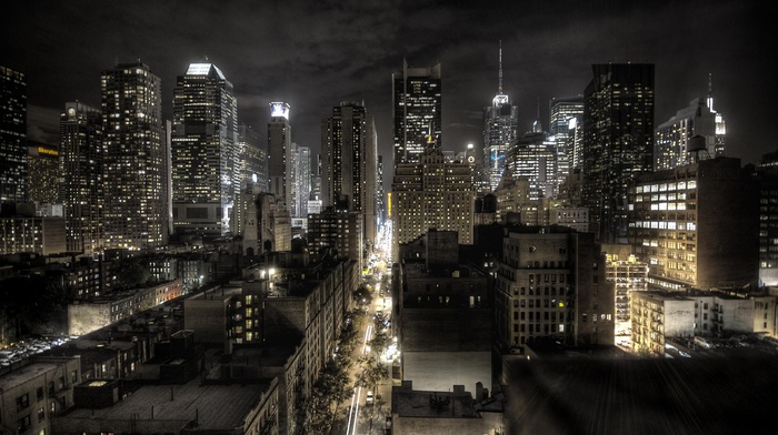 lights, night, city, skyscraper, New York City