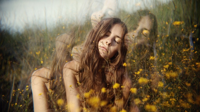 distortion, brunette, flowers, field, girl, girl outdoors