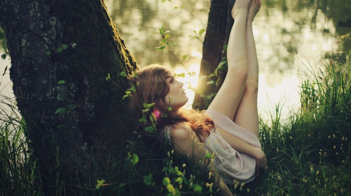 brunette, trees, barefoot, girl, girl outdoors, looking away, feet in the air