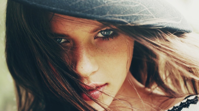 freckles, hat, girl, blue eyes, looking at viewer, hair in face, closeup, face, brunette
