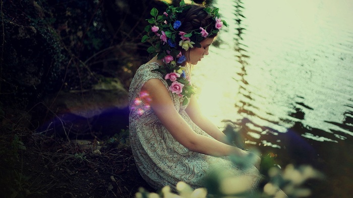 girl outdoors, girl, lens flare, flower in hair, water