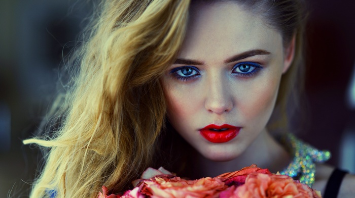 red lipstick, girl, looking at viewer, face, blue eyes, flowers